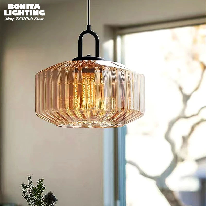 Lampada a Sospensione in Vetro Rigato Vintage - Forma a U Moderna