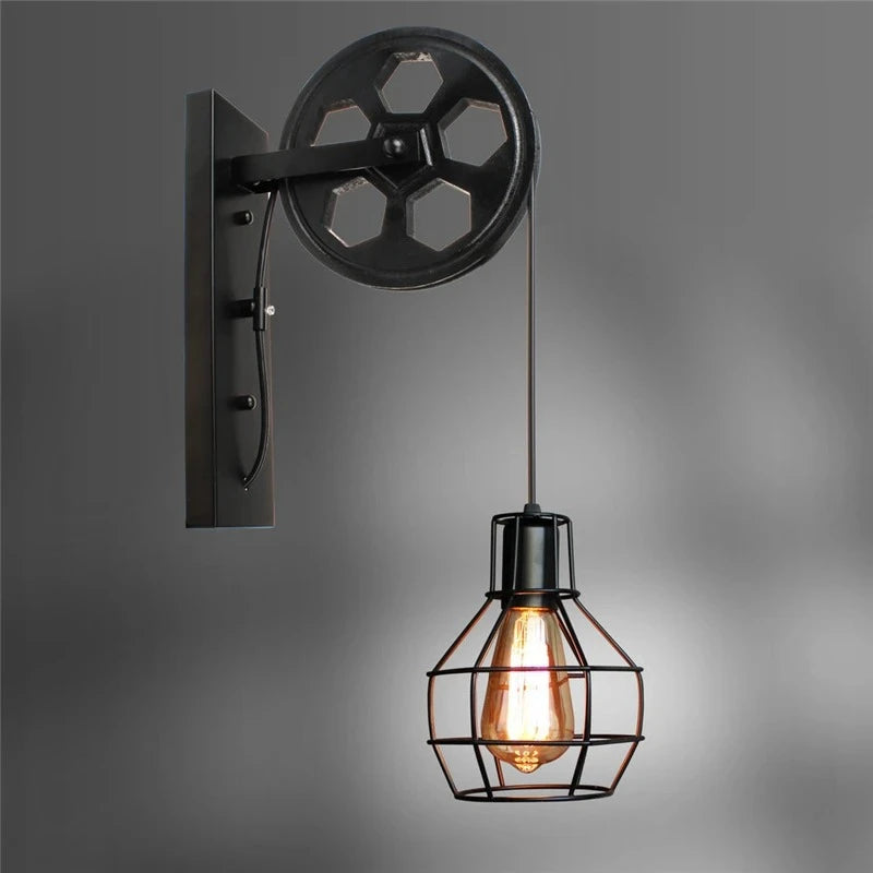 Applique da Parete Vintage con Carrucola - Stile Industriale LED E27