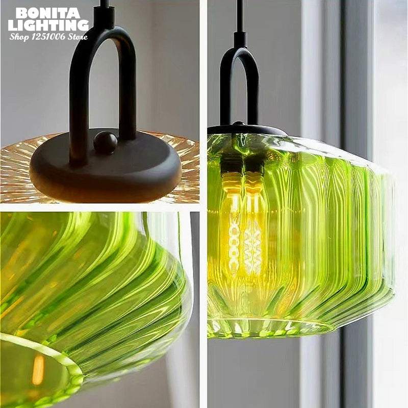 Lampada a Sospensione in Vetro Rigato Vintage - Forma a U Moderna